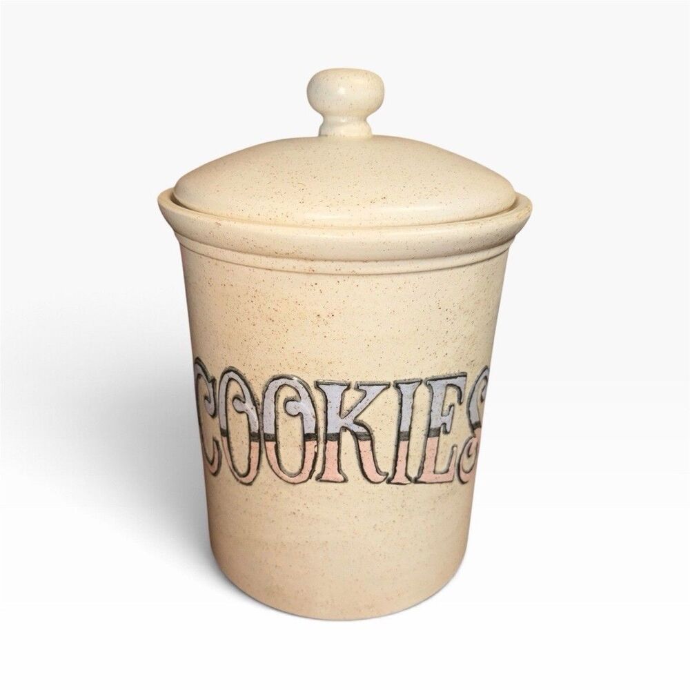 Vintage 1970s Retro Stoneware Cookie Jar Crock Canister With Lid